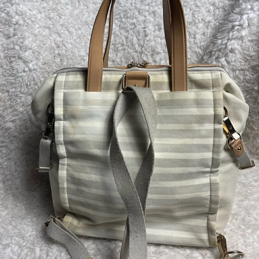 Skip Hop High line convertible Diaper Bag Beige & gray canvas tan leather straps